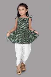 Mehendi Green Polka Dot Kids Dhoti Kurti Set 