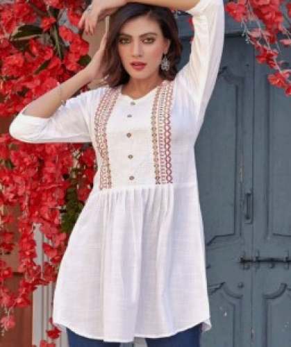 White Embroidered Neck Top For Ladies by Arya Dresses