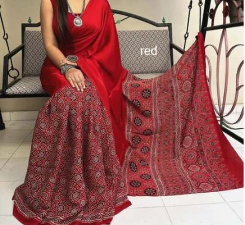 Ladies Formal Wear Ajrakh Print Saree With With blouse piece  by Prateek Textile