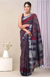Traditional Black Color Pure Linen Sarees 