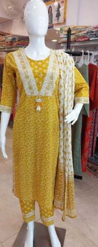 Mustard Yellow Floral Print Cotton Kurti Set 