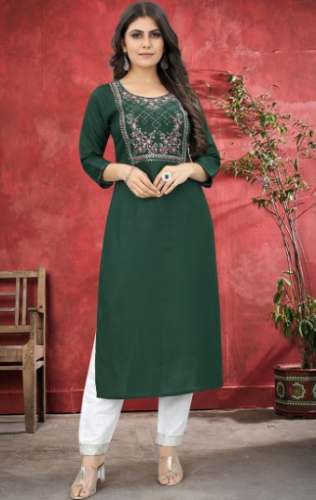 Ladies Green Embroider Neck Work Rayon Kurtis by Kalaakaari