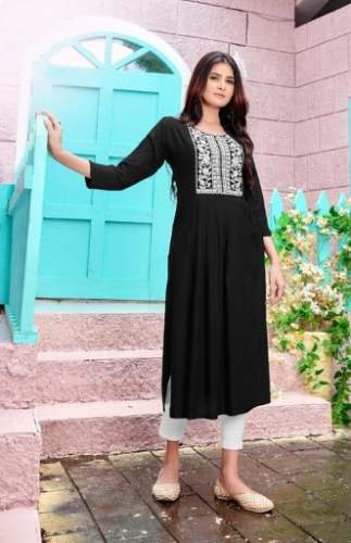 Party Wear Black Neck Embroidered Kurtis by Kalaakaari