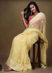 New Lemon Yellow Embroidery Saree