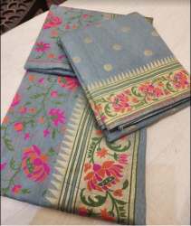 Cotton Handloom Grey Embroidery Saree