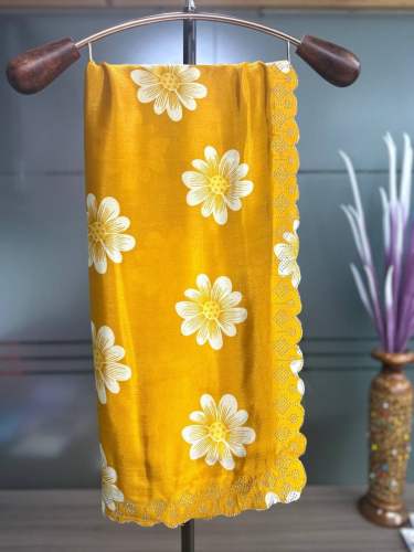 Chinon Floral Print Saree with Swarovski Diamond Border & Printed Blouse Piece