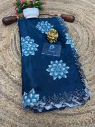 Printed Chinon Saree with Sparkling Siroksi Diamond Work Border