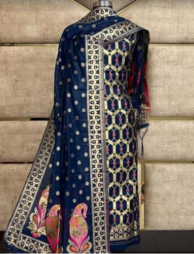Dark Blue Banarasi Unstitch Dress Material by Iqra Sarees Center