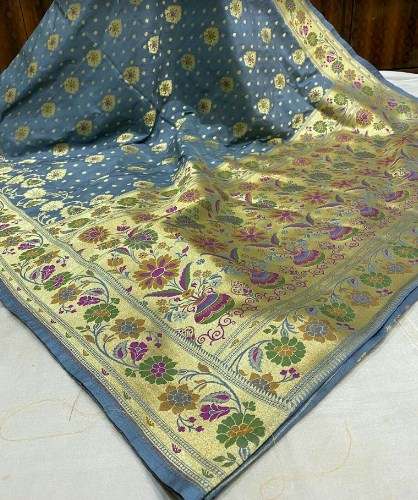 Grey Banarasi Silk Saree For Women by Iqra Sarees Center