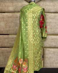 Pista Green Banarasi Dress Material