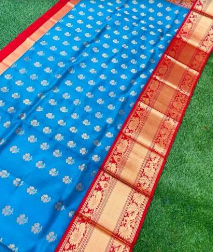 Sky Blue Banarasi With Red Border Saree by Srikala Saree House