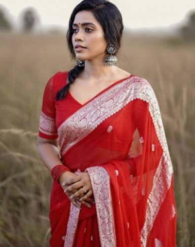 Ladies Red Silk Zari Border Saree by Paakhi Fashion