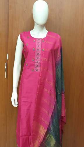 Ladies Cotton Embroidered Neck Kurtis With Duppata by Shree Dhanam Saree