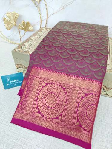 Pink and Green Semi Silk Saree  by NIRA SAREES