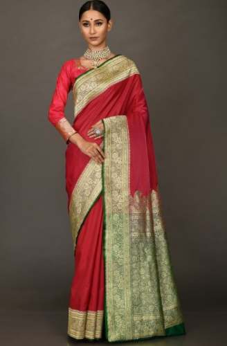 Ladies Designer Red and Green Silk Saree With Fancy Blouse