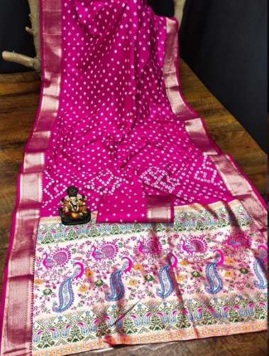 casual wear Soft Hand Bandhej Silk Saree With Zari Weaving Work
