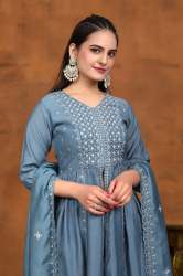 New Collection Grey Front Slit Kurti Palazzo Dupatta Set For Women