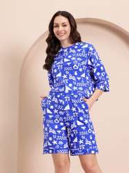 Blue Abstract Printed Co-Ord Set for Women Stylish Summer Top & Shorts Set |
