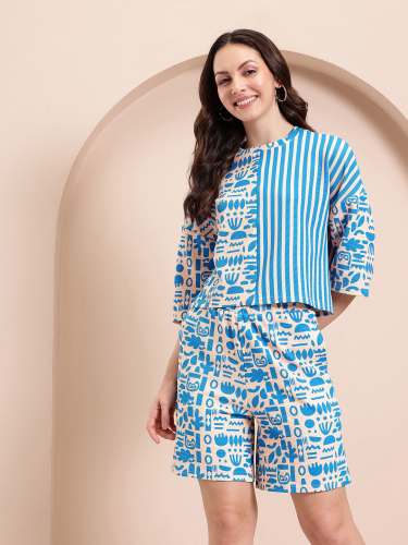 Blue Tribal Print Co-Ord Set for Women Stylish Summer Shirt & Shorts Combo | Set of 4 Size(S,M,L,XL)
