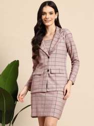 Checkered Blazer & Skirt Co-Ord Set with Slim Fit Design