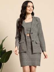Grey Checkered Blazer Co-Ord Set  Crop Top & Skirt for Women |