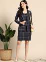 Navy Blue Check Blazer Co-Ord Set  Crop Top & Skirt for Women |