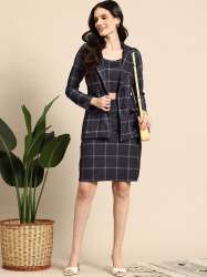 Navy Blue Check Blazer Co-Ord Set  Crop Top & Skirt for Women |