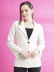 Off-White Vertical Striped Women's Blazer with Lapel Collar and Buttons