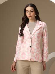 Pink and White Printed Women's Blazer with Lapel Collar and Button Closure