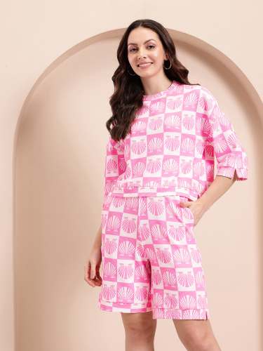 Pink Shell Printed Co-Ord Set for Women Stylish Summer Top & Shorts | Set of 4 Size(S,M,L,XL)