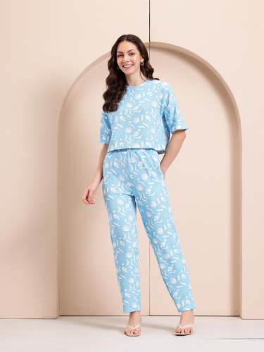 Women Sky Blue Printed Co-ord Set with Relaxed Top and Matching Trouser