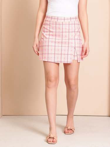 Trendy Pink Checkered Mini Skirt | Stylish Pleated Design | Set of 5 Size(28,30,32,34,36)