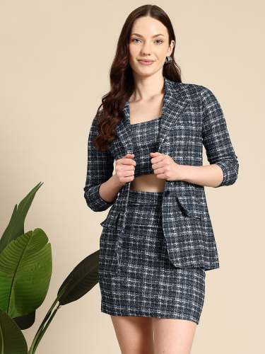 Trendy Women’s Checkered Co-ord Set - Blazer, Crop Top & Skirt Combo | Set of 4 Size(S,M,L,XL)