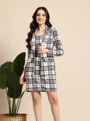White & Black Check 3-Piece Co-Ord Set Blazer Crop Top & Skirt for Women