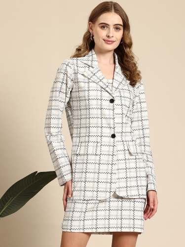 White Checkered Co-Ord Set for Women – Blazer & Mini Skirt Set | Set of 4 Size(S,M,L,XL)