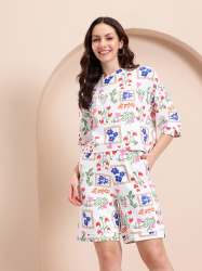White Floral Print Co-Ord Set for Women Casual Summer Shirt & Shorts | Set of 4 Size(S,M,L,XL)