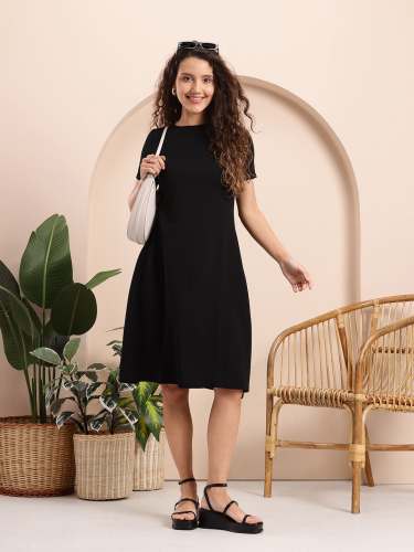 Women A-Line Midi Dress in Soft Ribbed Knit with Short Sleeves