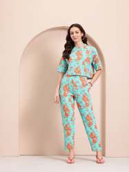 Women Aqua Blue Co-ord Set with Bold Orange Tropical Floral Print in Soft Fabric