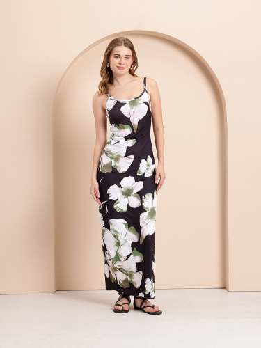 Women Black Sleeveless Maxi Dress Floral Print