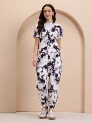 Women Black & White Tie-Dye Co-ord Set with Half Sleeves and Jogger Pants