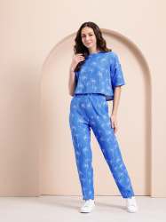 Women Blue Palm Tree Print Co-ord Set in Soft Breathable Fabric