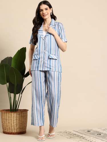 Women Blue & White Vertical Stripe Co-ord Set with Lapel Collar and Short Sleeves