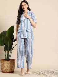 Women Blue & White Vertical Stripe Co-ord Set with Lapel Collar and Short Sleeves