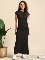 Women Cap Sleeve Maxi Dress with Side Pleats in Ribbed Stretchable Fabric