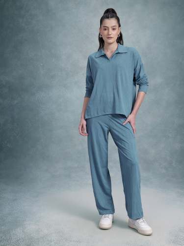 Women Co-ord Set with Collared Shirt and Straight Trousers