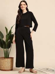 Women Co-ord Set with Long Sleeve Crop Top and Pants Trouser