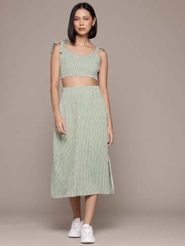Women Co-Ord Set with Tie-Up Crop Top and Elasticated Midi Skirt