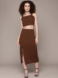 Women Coffee Brown Sleeveless Crop Top & Midi Skirt