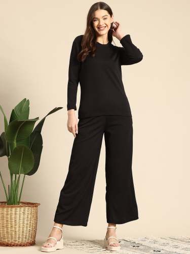 Women Elegant Co-ord Set with Full Sleeve Top and Wide-Leg Flared Trouser
