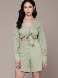 Women Green Check Co-Ord Set with Front Knot Top and High Waist Shorts
